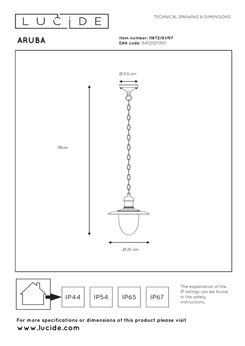 Lucide ARUBA - Hanglamp Binnen/Buiten - Ø 25 cm - 1xE27 - IP44 - Roest bruin - technisch